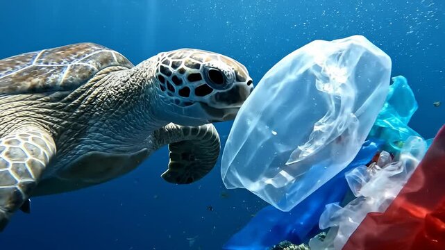 Sea Turtle Swimming Among Plastic Waste in the Ocean