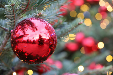 Christmas tree with red toy ball and festive illumination, golden lights on background. New Year decorations on city street
