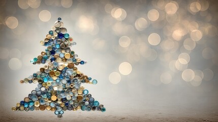 eco friendly christmas Decorative tree made of colorful buttons on a blurred background.