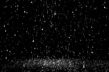 Abstract, dark background with descending droplets and scattered light particles