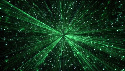 Green light bursts from a central point, creating a starburst effect with small, scattered particles