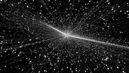 A grayscale image depicts a central bright point with radiating light and dispersed dots