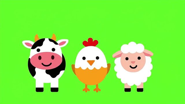 Cute cartoon animal trio cow, chick, sheep on green background
