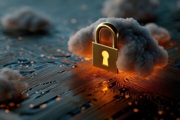 Golden lock on a cloud over a circuit board