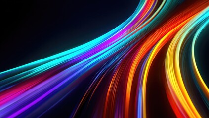 Abstract digital artwork of glowing, colored light trails curving across a dark background