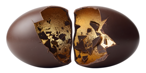 A luxurious dark chocolate easter egg cracked open to reveal a shimmering gold interior isolated on white background