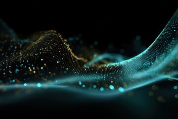 Abstract digital wave with golden and turquoise particles
