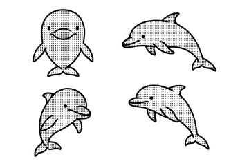 Fototapeta premium Halftone dolphin collection: cute cartoon sea animals in retro style