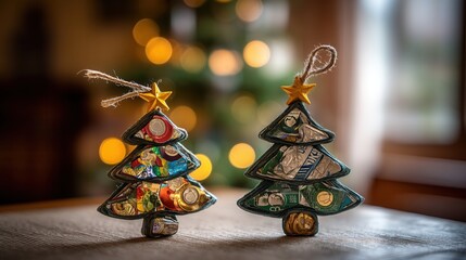 eco friendly christmas Decorative Christmas trees made of colorful materials.