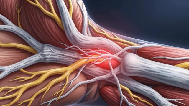 Detailed Anatomical Illustration of the Human Hand and Wrist with Visible Nerves, Muscles, and Bones.
