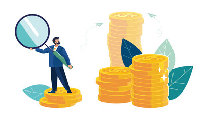 Businessman with magnifying glass analyzes dollar cents income, investor gold coins. Business finance, people. Economic growth from stock market or investment. Flat design, poster. Vector illustration
