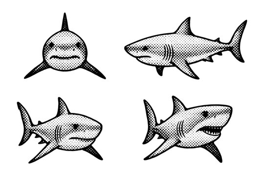 Halftone cartoon sharks with various expressions in vintage comic style