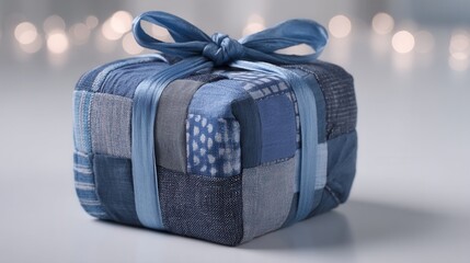 eco friendly christmas Gift wrapped in denim fabric with a bow, set against a blurred background.