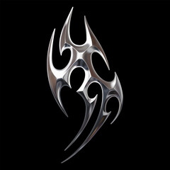Chrome 3d tribal shape as a metallic abstract form with a y2k cybersigilism aesthetic