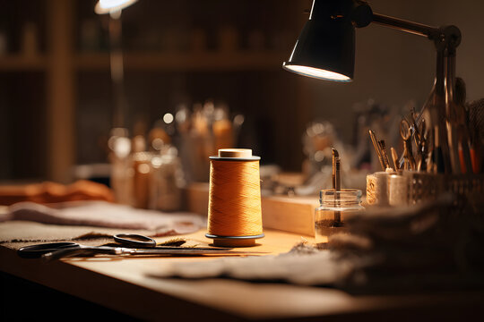 Crafting moments in a cozy workspace with sewing tools and bright threads at night - Powered by Adobe