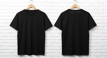 Front and back view of a plain black tshirt hanging on a wooden hanger against a white brick wall, showcasing its simple design and versatility