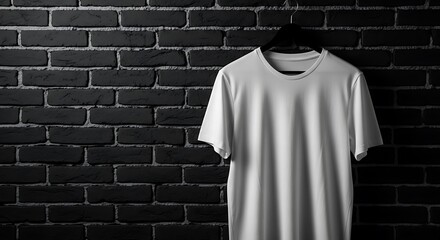 A plain white tshirt hangs on a hanger against a dark brick wall, creating a minimalist and modern aesthetic
