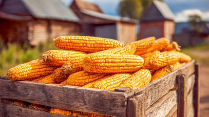 Freshly harvested yellow corn cobs stacked in a rustic wooden crate, surrounded by a rural landscape with barns and greenery, showcasing agricultural abundance and seasonal produce