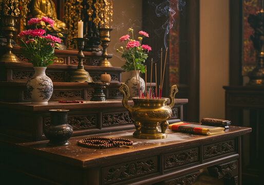 Ornate altar with incense and flowers