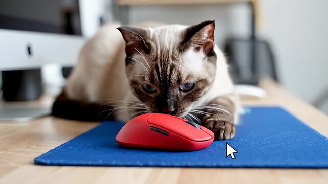 Siamese Cat Investigating a Red Computer Mouse on Desk