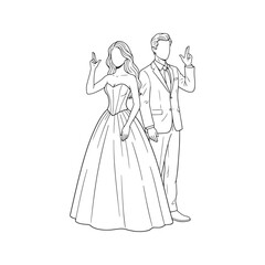 Fototapeta premium Line drawing illustration of a stylish couple standing back to back making finger gun gestures, wearing formal suit and dress, symbolizing partners in crime or secret agents. 
