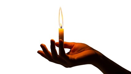 A hand holds a lit candle with a bright flame against a white background