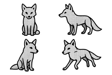 Halftone fox silhouettes: stylish set of four distinct poses