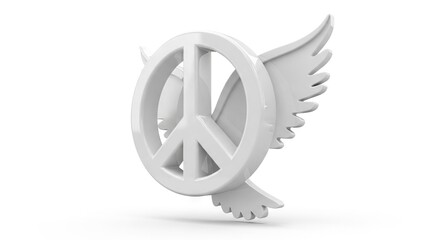 A white peace sign is affixed to a white dove
