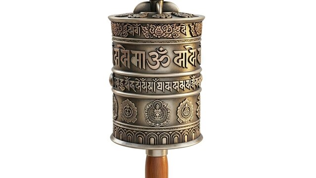 A cylindrical prayer wheel intricately decorated with symbols and script on a white background