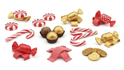 An array of candy displays red gold and brown sweets on a white backdrop