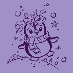 penguin with a Christmas bow vector for illustration card decoration 