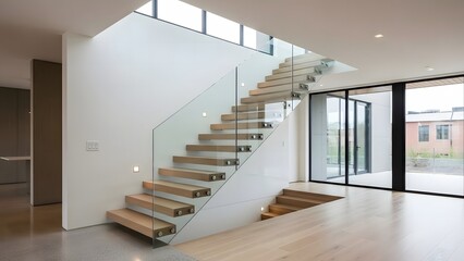 Modern staircase with glass railing in a bright home interior