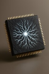 A conceptual image showing a computer chip with a glowing branching pattern representing a neural network