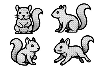 Retro halftone squirrel designs featuring playful cartoon characters