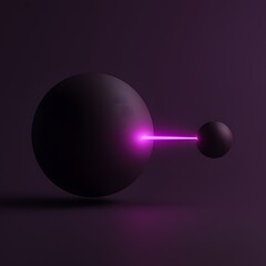 Pink laser beam connecting two abstract spheres in a dark, minimalist space