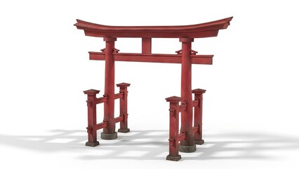 Red wooden Torii gate ornate design with shadows on a white background