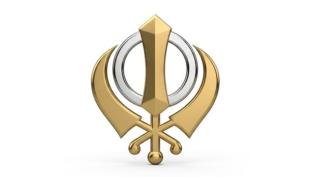 A gold and silver Khanda symbol with a doubleedged sword chakkar and kirpans against a white background