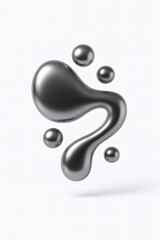 Abstract liquid metal shape with surrounding spheres on a white background