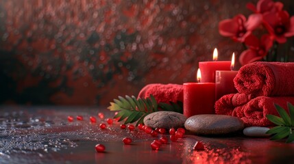 A spa scene with red candles red towels and stones Created with Generative AI technology