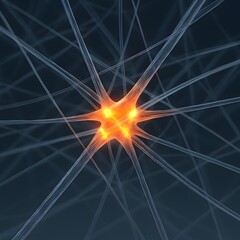 A vibrant, glowing neuron node at the center of an intricate biological network.