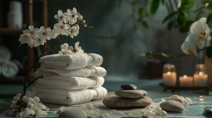 A spa scene with white towels rocks and flowers Created with Generative AI technology