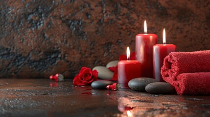 A spa scene with red candles red towels and stones Created with Generative AI technology