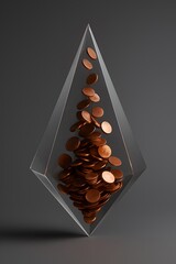 A conceptual image showing copper coins falling and piling up inside a clear, geometric diamond shape