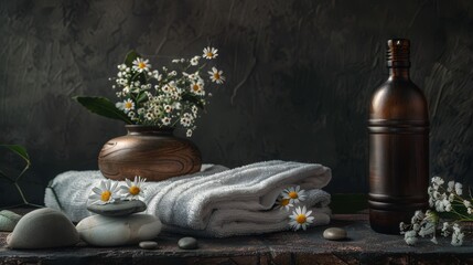 A spa scene with white towels rocks and flowers Created with Generative AI technology