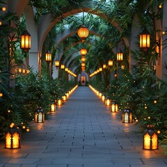 Serene pathway with arches, lanterns, and lush greenery in a peaceful outdoor setting