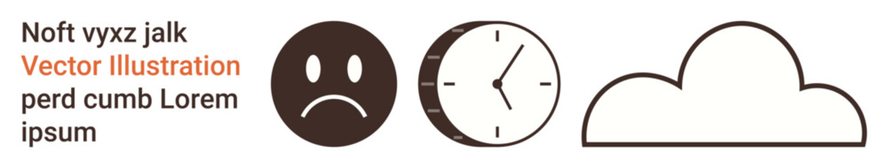 Emotional expression, time tracking, weather symbols, moods, scheduling, climate visuals. Sad face, clock and a cloud displayed in simple graphic style. Emotion and time tracking concepts