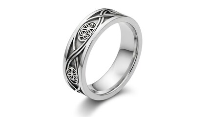 Silver ring featuring Celtic knot designs and a polished interior set against a white backdrop