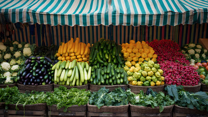 A vegetable stand featuring zucchini, peppers, onions, and greens stacked in colorful rows under a striped market canopy