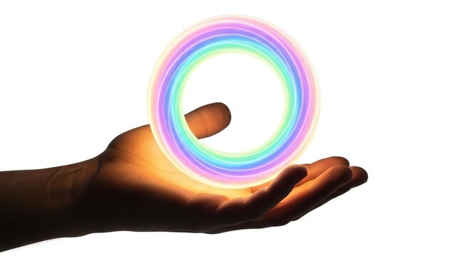 A hand is holding a circular rainbowcolored object glowing on a white background - Powered by Adobe
