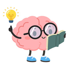 Cartoon Brain Reading Book with Lightbulb Idea